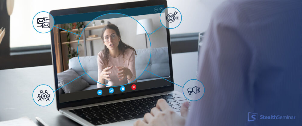 woman on a laptop screen, conducting a webinar
